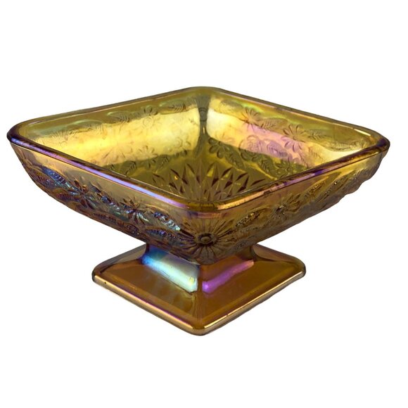 Vintage Iridescent Gold Carnival Glass Diamond Shaped Footed Candy Dish Floral - Picture 3 of 16